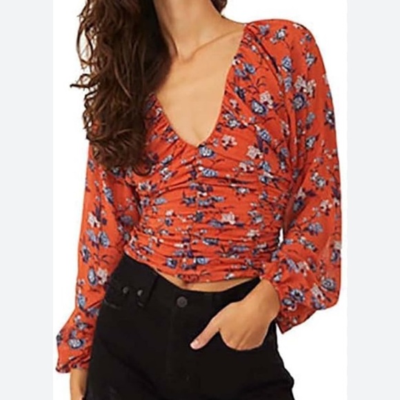 Free People Final Rose Blouse in Rust Floral Long Sleeve Ruched Boho Top size S - Picture 1 of 15